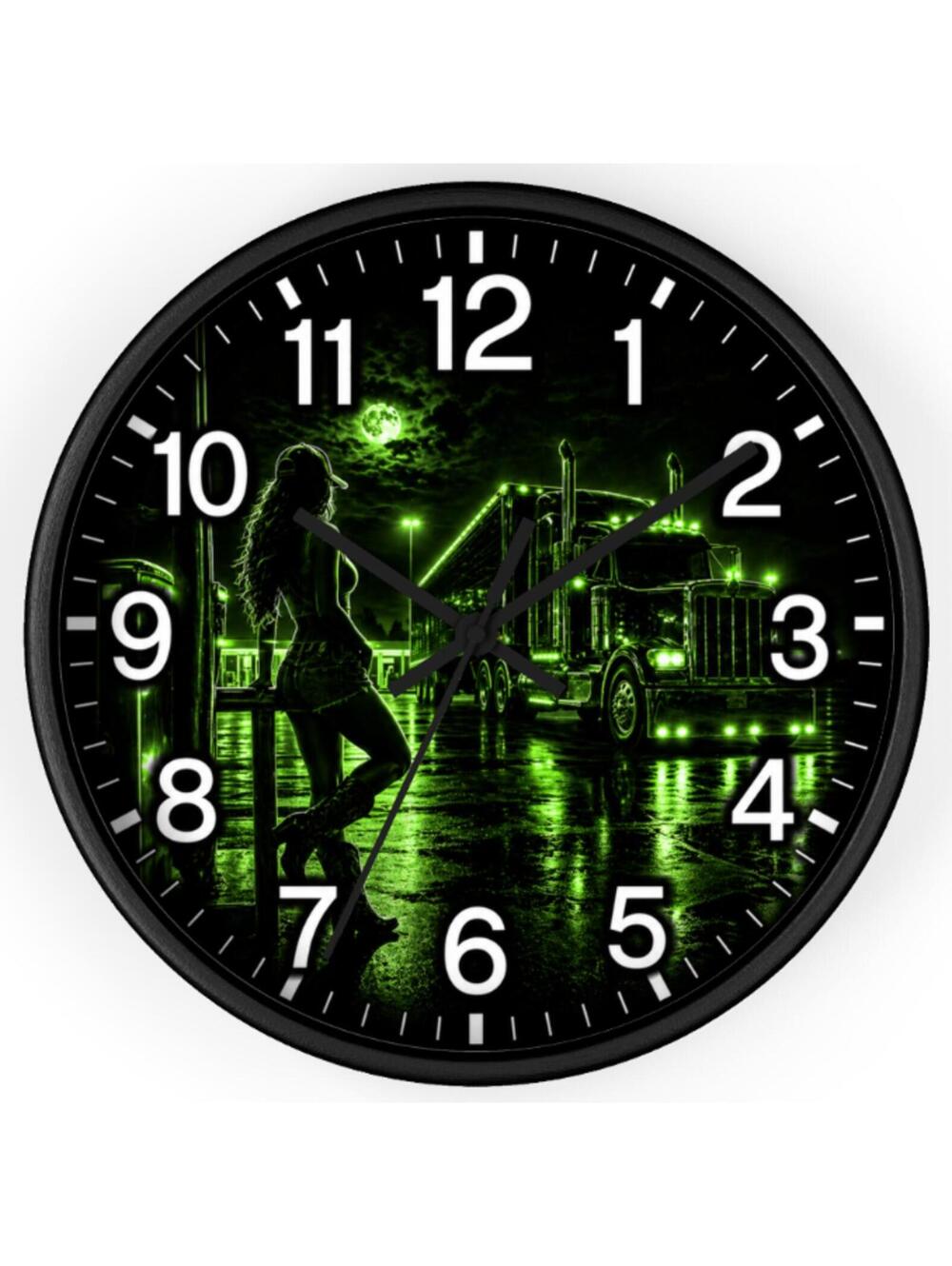 PETERBILT STYLE SEMI TRUCK WALL CLOCK GLOW GREEN TRUCKER DECOR